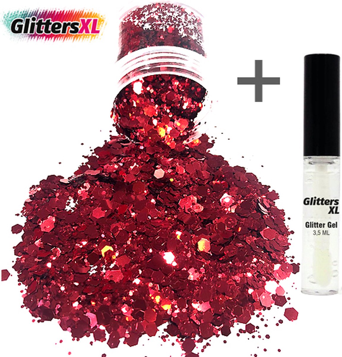 GlittersXL - Chunky Glitters (Donker Rood) (Volume 8g) + Glitter Huid Lijm [Festival Makeup Gezicht Lichaam - Face Body Glitter - Biologisch afbreekbaar - Versiering Dames Volwassen Kinderen]